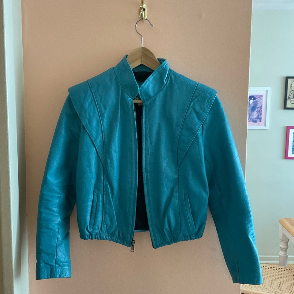 80s teal women's leather jacket